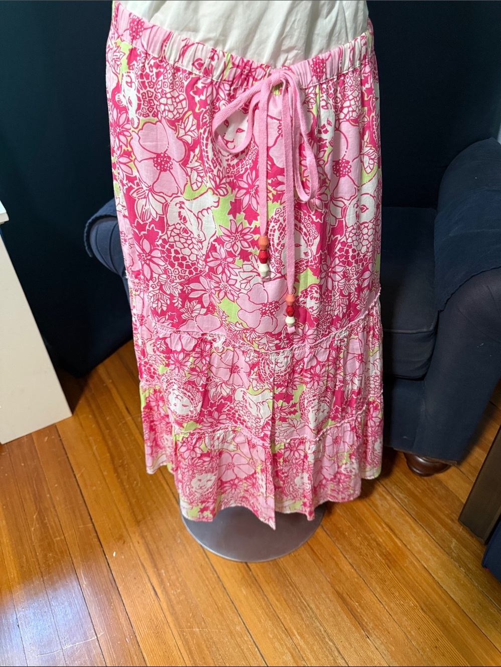 Lilly Pulitzer Pink Floral Tiered Maxi Skirt with Drawstring “ Loungin' Lions" M
